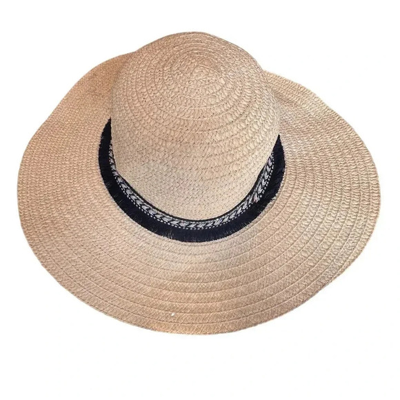 Tan wide rim floppy beach hat with navy & silver‎ ribbons - Picture 5 of 7